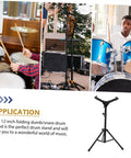 Hella Sturdy 12 Fold Snare Drum Stand Rack With Heavy Duty Accessory Holder For Practice Pads And Gear Compact Road Ready Top Shelf Black Finish shown with drummers.