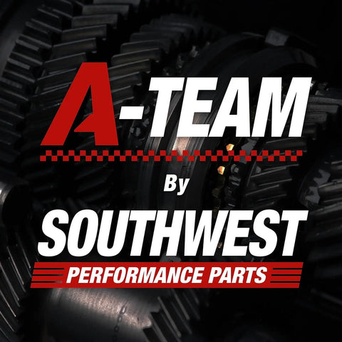 A-TEAM logo by SOUTHWEST Performance Parts on a background of automotive gears and machinery for performance enhancement.