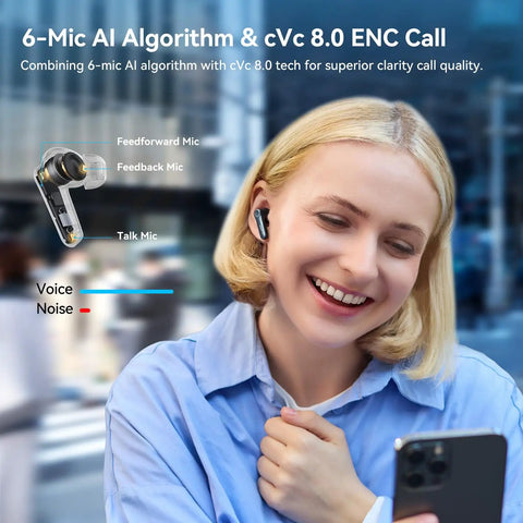 Woman using Air Pro 4 Wireless Earbuds With Adaptive Hybrid Noise Canceling For Crisp Sound And Big Battery Life in city setting.