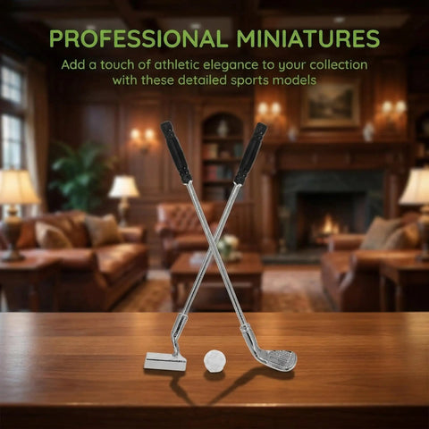 Alloy Mini Golf Club Set With Six Clubs And Four Balls For Dollhouse Dioramas And Display Scenes in miniature room setting