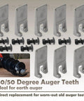 Heavy Duty 40 To 50 Degree Auger Teeth For Rock Drilling And Hard Soil Digging Replacement Parts For Industrial And Commercial Digging Equipment With Hardware Eight Piece Set 3.35 By 1.61 Inches High Wear Resistant - Image of auger teeth set with bolts and an auger drill in use.