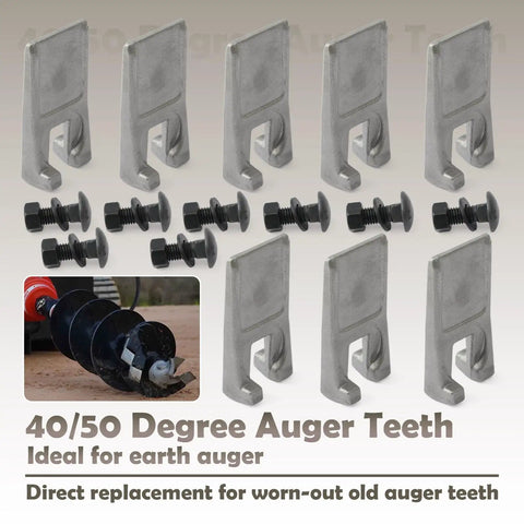 Heavy Duty 40 To 50 Degree Auger Teeth For Rock Drilling And Hard Soil Digging Replacement Parts For Industrial And Commercial Digging Equipment With Hardware Eight Piece Set 3.35 By 1.61 Inches High Wear Resistant - Image of auger teeth set with bolts and an auger drill in use.