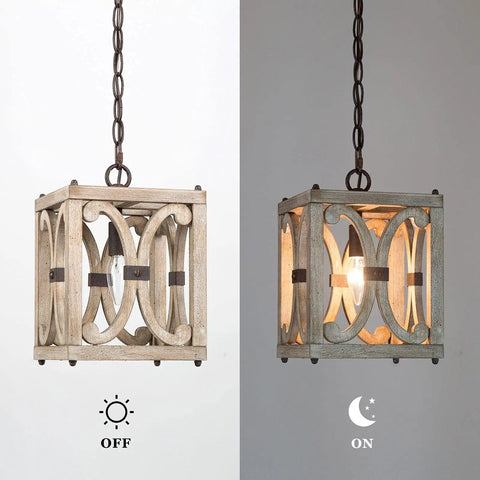 Farmhouse Wood Pendant Light With Geometric Cage Design For Dining Room And Kitchen Island Rustic Modern Farmhouse Pendant Lighting With Easy Install 8 Inch Length Ceiling Fixture shown off and on