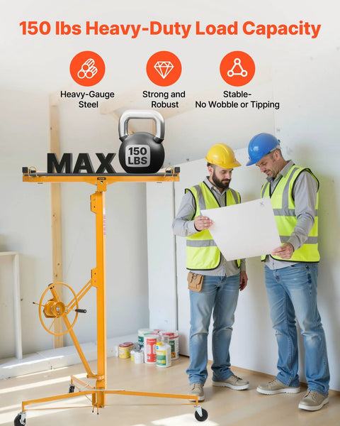 Front view of yellow drywall lift with adjustable arm and wheels, indoors with two workers reviewing plans.