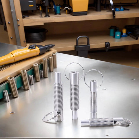 Four Heavy Duty M8 Spring Plunger With Smooth Pull Ring Self Locking Retractable Bolt Threaded Pin Stainless Steel on workspace.