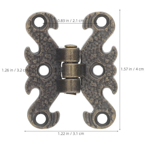 Vintage H Shape Zinc Alloy Hinges For Small Cabinets And Wooden Gift Boxes shown with dimensions, antique bronze finish