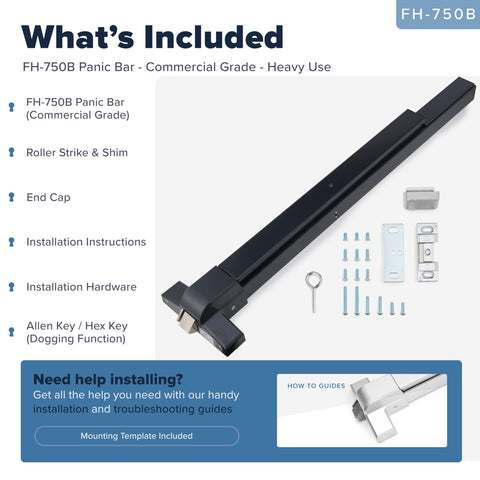 Push Bar Panic Exit Device For Doors Black Finish UL Listed Grade 1 ADA Emergency Exit Bar With Reversible Roller Striker FS750B