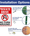 Front view of Private Drive No Turn Around sign, 14x10 in, reflective rust-free aluminum for indoor/outdoor use