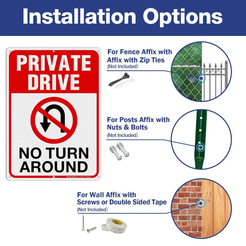 Front view of Private Drive No Turn Around sign, 14x10 in, reflective rust-free aluminum for indoor/outdoor use