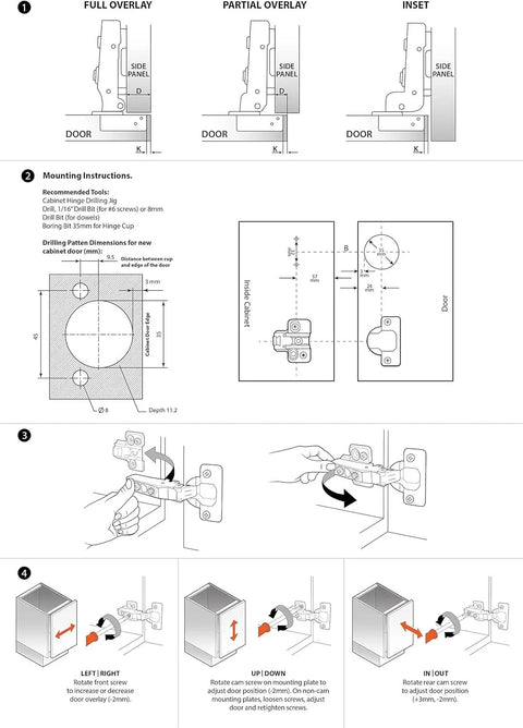 Mounting instructions for Four Pack Full Overlay European Soft Close Cabinet Hinges For Kitchen Cabinets With Silent Damper.