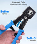 Pass Through RJ45 Crimp Tool for Cat6 Ethernet Cables With Built In Wire Cutter And Stripper held by hand.