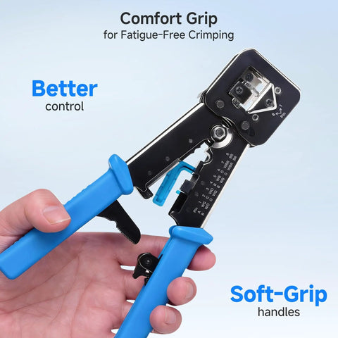 Pass Through RJ45 Crimp Tool for Cat6 Ethernet Cables With Built In Wire Cutter And Stripper held by hand.