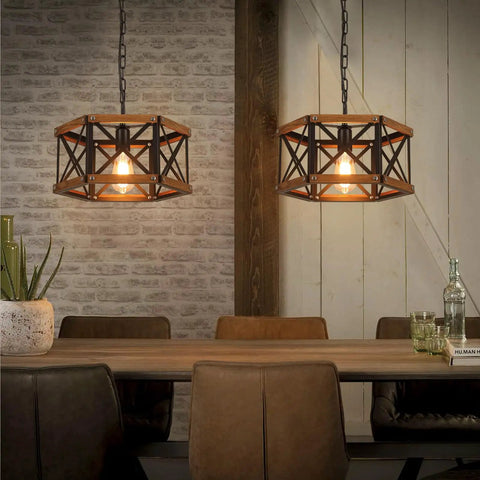 Kickass 14 Inch Black Farmhouse Pendant Light With Plug In Dimmable Switch And Adjustable Woven Cord For Kitchen Island Or Dining Room heavy oak wood and metal cage fixture over a dining table in rustic setting.