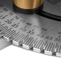Close-up view of Heavy Duty Miter Gauge With 27 Positive Stops For Table Saws, Router Tables, And Band Saws, showing scale markings.
