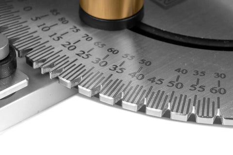 Close-up view of Heavy Duty Miter Gauge With 27 Positive Stops For Table Saws, Router Tables, And Band Saws, showing scale markings.