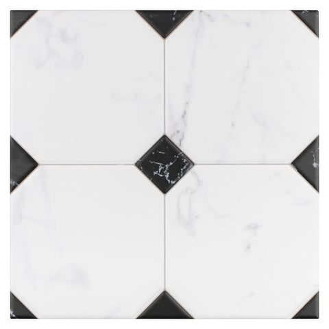 Betera Blanco Porcelain Tile For Floors And Walls, 13.13 In Square, 0.31 In Thick, black and white geometric pattern