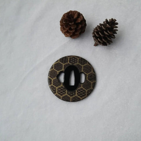 Iron Carved Tsuba Koshirae For Samurai Sword TDH 010 2.95 Inch Guard with decorative details, shown with pine cones.