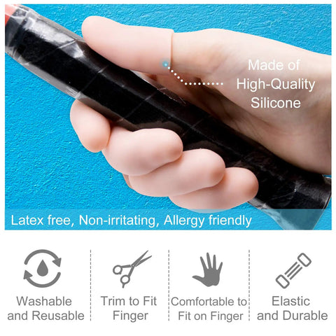 Hand holding black tool with champagne color gel finger cot, highlighting 12 Pack Gel Finger Cots For Pain Relief And Fingertip Protection.