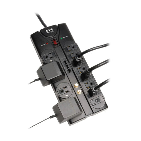 Home Theater Surge Protector Power Strip with 12 outlets, 8ft cord, bulky plug friendly, featuring coax input and RJ11/RJ45 ports.