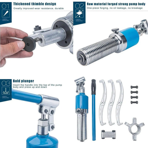 Heavy Duty 15 Ton Hydraulic Gear Puller Kit With Wheel Bearing Remover For Heavy Gear 2 Or 3 Jaw Adjustable Separator Vertical Horizontal Badass Build Zero Leaks Thick Cylinder Pros Fixing Cars Trucks Diesel Engines Ready For Anything close-up of forged steel pump body and jaws