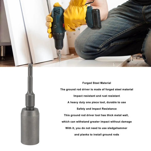 Heavy-Duty Sds Plus Hammer Drill Ground Rod Driver Bit Forged Steel T Post Stake Driving Tool With Multi-Purpose Electrical Rebar Sign Post Installation Accessory 65Mm shown in use with power drill.