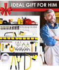 36 Pack Pegboard Bin Kit With 18 Medium And 18 Large Yellow Bins For Garage Workshop Craft Room Office And Workbench Organization All In One Durable Pegboard Storage Bins And Parts Organizer Accessories Made In USA displayed with tools and man in background