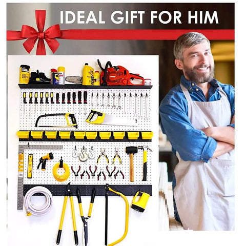 36 Pack Pegboard Bin Kit With 18 Medium And 18 Large Yellow Bins For Garage Workshop Craft Room Office And Workbench Organization All In One Durable Pegboard Storage Bins And Parts Organizer Accessories Made In USA displayed with tools and man in background