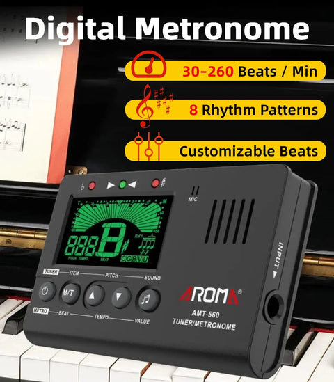 Pocket Sized All In One Portable Digital Metronome Tuner With Tone Generator For Every Instrument placed on piano keys