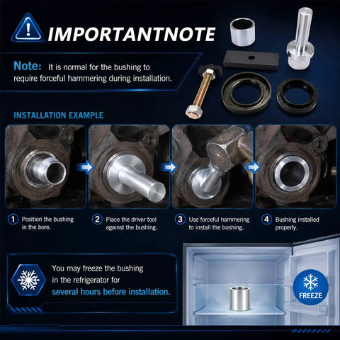 Installation guide for Front CV Axle Bearing Puller And Seal Installer Tool Kit showing bushing placement and tools.