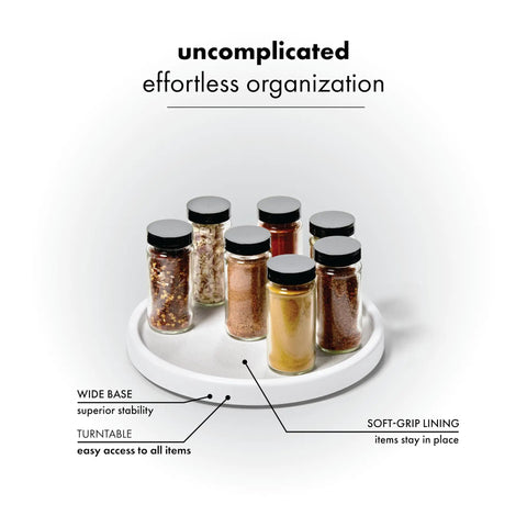 Basic Turntable Organizer For Kitchen Cabinets And Countertops, 360 Spin Storage for spices with jars, white single level.