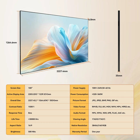Heavy Duty 100 Inch Digital Signage Display Featuring Kickass 4K Resolution And Ultra Thin Zero Point Six Eight Bezel, side view with dimensions.