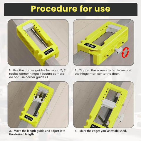 Procedure for using Door Hinge Jig and Mortiser Kit, Easy Install Router Template with Green Clamping Jig shown in steps