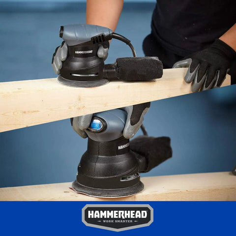 Person using Workhorse 2.0 Amp 5 Inch Random Orbit Sander With 12000 OPM Quick Sandpaper Change on wooden boards