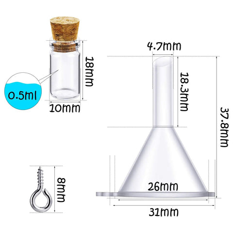 Totally Sweet Mini Glass Bottles With Cork Stoppers And Eye Screws Hella Practical Funnel Kit For Diy Crafts Perfume Sampling Raffle Prizes And Creative Hobby Builds 50 Piece 0.5Ml Pack dimensions and components