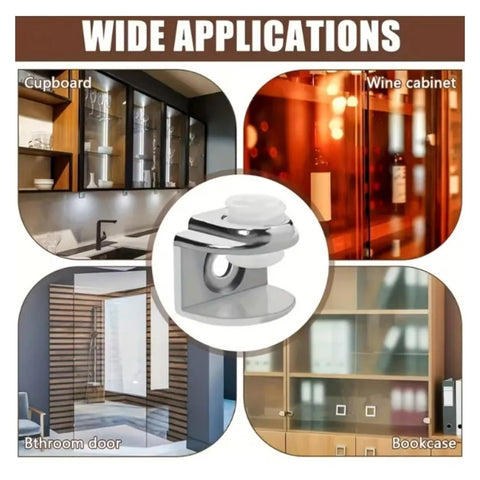 Heavy Duty Zinc Alloy Adjustable Glass Shelf Brackets For Shower Glass And Floating Shelves 30 Pack shown with wide applications