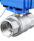 Motorized Three Quarters Inch Ball Valve Full Port NSF Certified 304 Stainless Steel showing front view with manual function