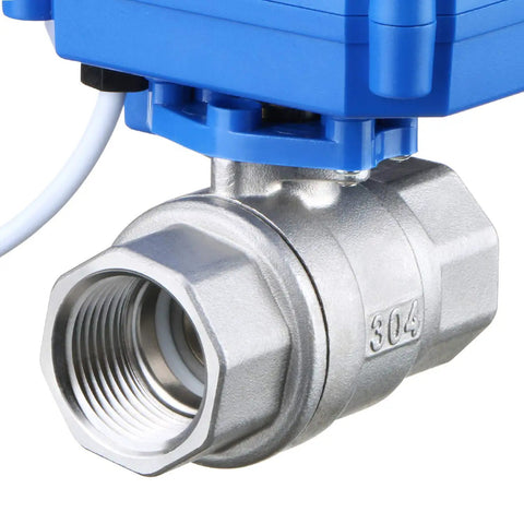 Motorized Three Quarters Inch Ball Valve Full Port NSF Certified 304 Stainless Steel showing front view with manual function