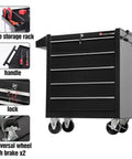 Front view of 5-Drawer Rolling Tool Chest with Lockable Cabinet and Wheels, heavy-duty metal tool box for garage and workshop.