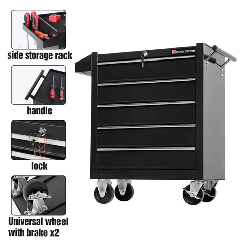 Front view of 5-Drawer Rolling Tool Chest with Lockable Cabinet and Wheels, heavy-duty metal tool box for garage and workshop.
