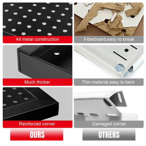 Comparison of black metal pegboard with competitor, highlighting thickness and reinforced corners for 22 Piece Metal Wall Pegboard Tool Organizer System For Garage And Workshop Storage Modular Pegboard Panels In Black Heavy Duty Steel With Powder Coat Finish Keeps Tools Neat Accessible And Ready To Grab vs fiberboard material.