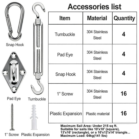 Shade Sail Hardware Kit 44 Pcs Outdoor Sun Shade Accessories 304 Stainless Steel Turnbuckles And Brackets For Triangle And Rectangle Sails Durable Heavy Duty Patio Canopy Installation Waterproof