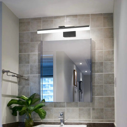 Dimmable Black Vanity Light Bar For Bathroom Over Mirror 6000K Daylight LED Rotatable Aluminum Fixture 14W shown installed