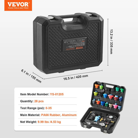 Heavy Duty 28 Piece Universal Radiator Pressure Tester Kit With No Sweat Manual Coolant Refill And Full Set Of Color Coded Adapter Caps in sturdy case.