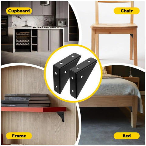 Beefy Heavy Duty Metal Corner Brackets for Wood showcased with various furniture applications, black finish