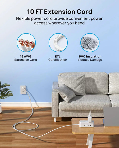 Flat Plug Power Strip With 10ft Ultra Thin Flat Cord and 6 Outlets connected in living room setup