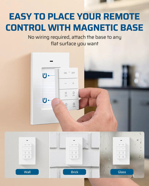 Smooth Operator Wireless Dimmer Plug For Home Lighting, Remote Control Adapter on wall, showing magnetic base placement options.