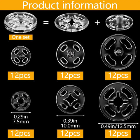 Clear Plastic Sew-On Snap Buttons Kit With 36 Sets In Three Sizes 7.5mm 10mm 12.5mm Invisible Fasteners product image