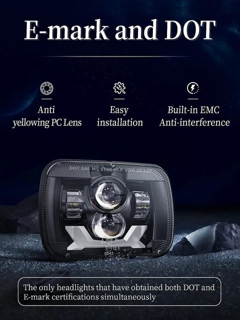 180W Beast Bright LED Headlights H6054 5x7 7x6 showcasing features like anti-glare lens, EMC anti-interference, E-mark and DOT approval.