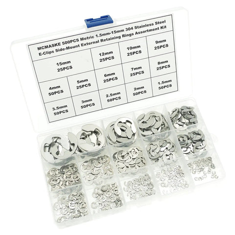 500 Piece Metric E Clips Kit In 304 Stainless Steel With 14 Sizes From 1.5mm To 15mm Side Mount External Retaining Rings Assortment For Machinery Repair And DIY Projects Pro Grade in compartmented box