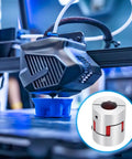 Aluminum shaft coupling for 3D printers; shows extruder head and inset silver spider coupling (8–14 mm, L35×D30)